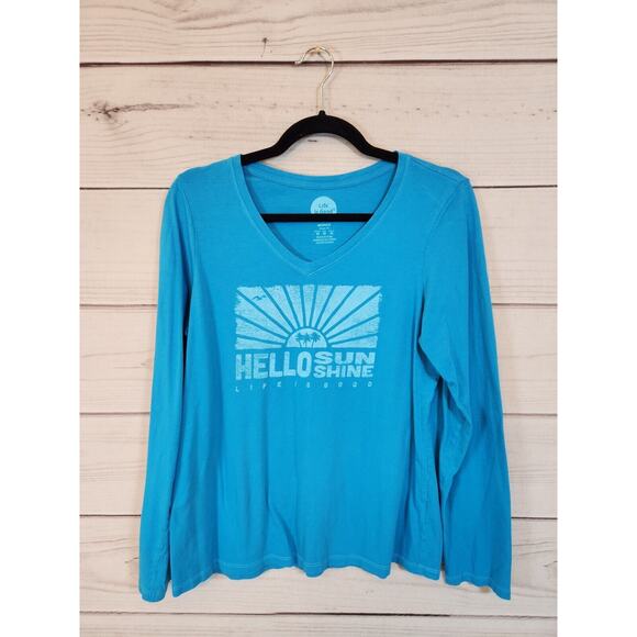 Life Is Good Women's Hello Sunshine Blue V-Neck Long Sleeve Tee Shirt‎ Size M - Picture 1 of 6